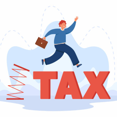 Businessman jumping from flexible spring. Happy entrepreneur enjoying opportunity of zero tax burden, developing business flat vector illustration. Tax exemption for business development concept